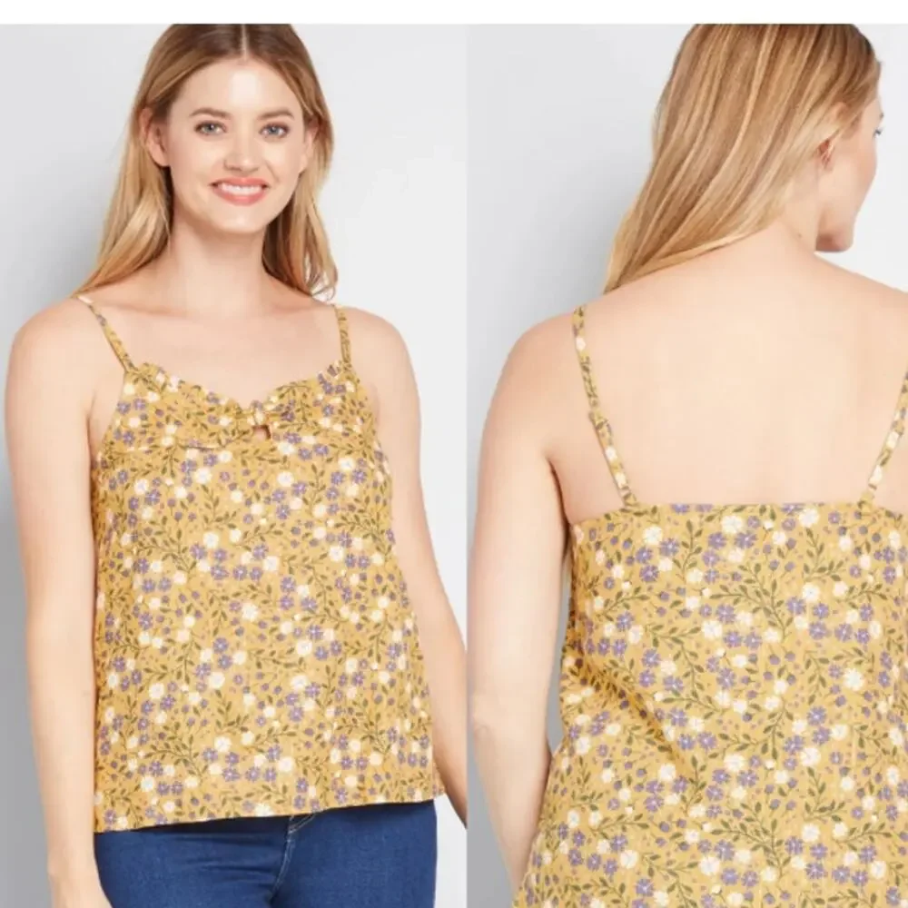 Modcloth Spruced Up Summer Floral Sleeveless Linen Tank Top Yellow Women S NWT